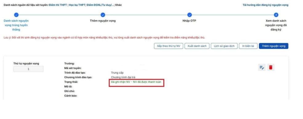 M&agrave;n h&igrave;nh hiển thị trạng th&aacute;i Đ&atilde; thanh to&aacute;n &ndash; x&aacute;c nhận nguyện vọng hợp lệ