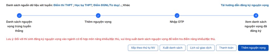 M&agrave;n h&igrave;nh hiển thị tổng lệ ph&iacute; thanh to&aacute;n theo số nguyện vọng